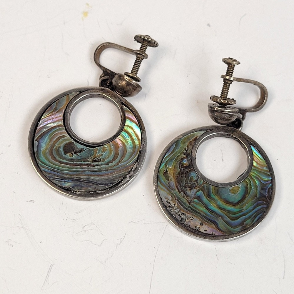 925 Sterling Abalone Shell Screw Back Earrings Round Dangle Multicolor‎ Jewelry